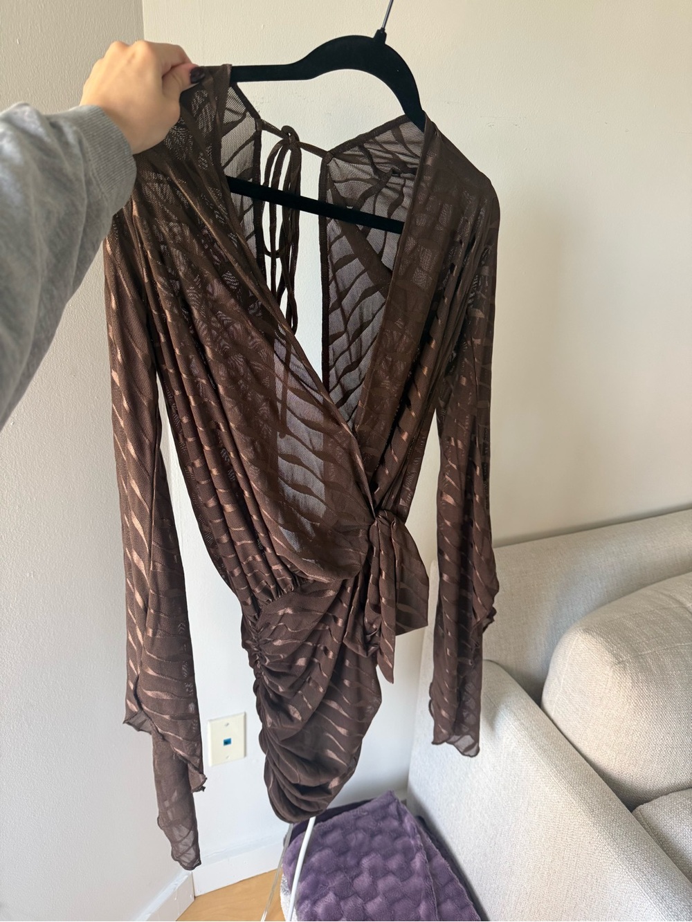 Fashion Nova Brown Sheer Tie-Front Long Sleeve Chemise
